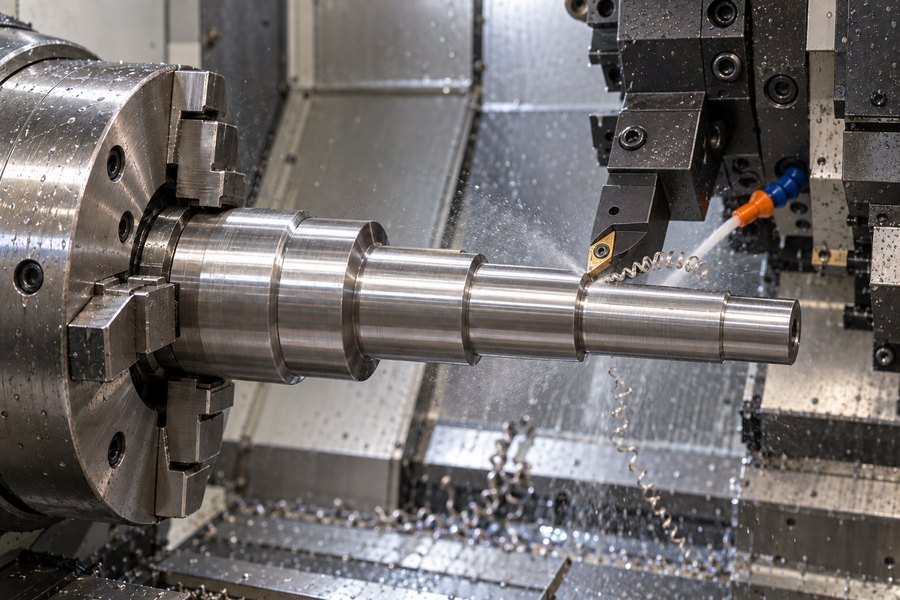 CNC turning center cutting a stepped steel shaft, coolant and chips