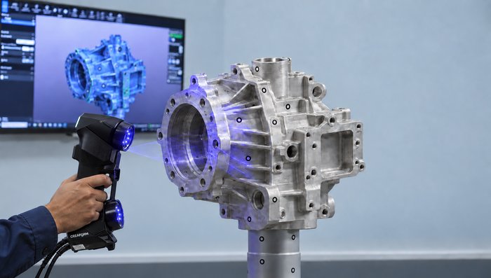 Handheld 3D laser scanner capturing an aluminum housing