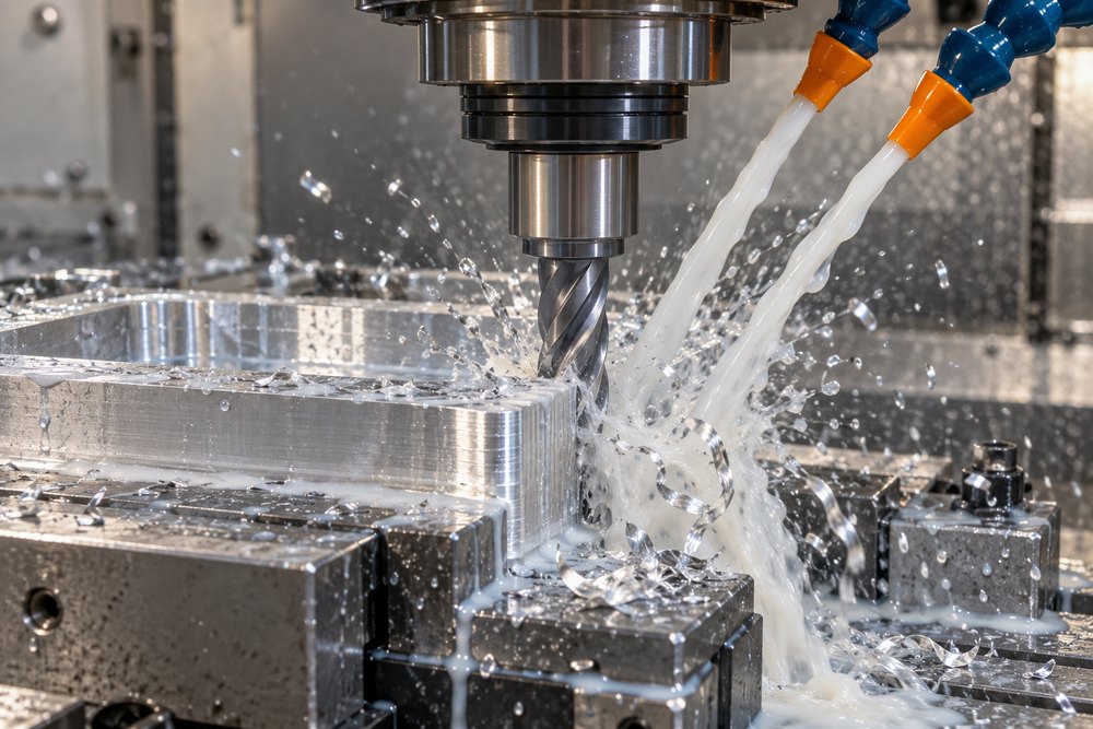 End mill cutting an aluminum part under flood coolant