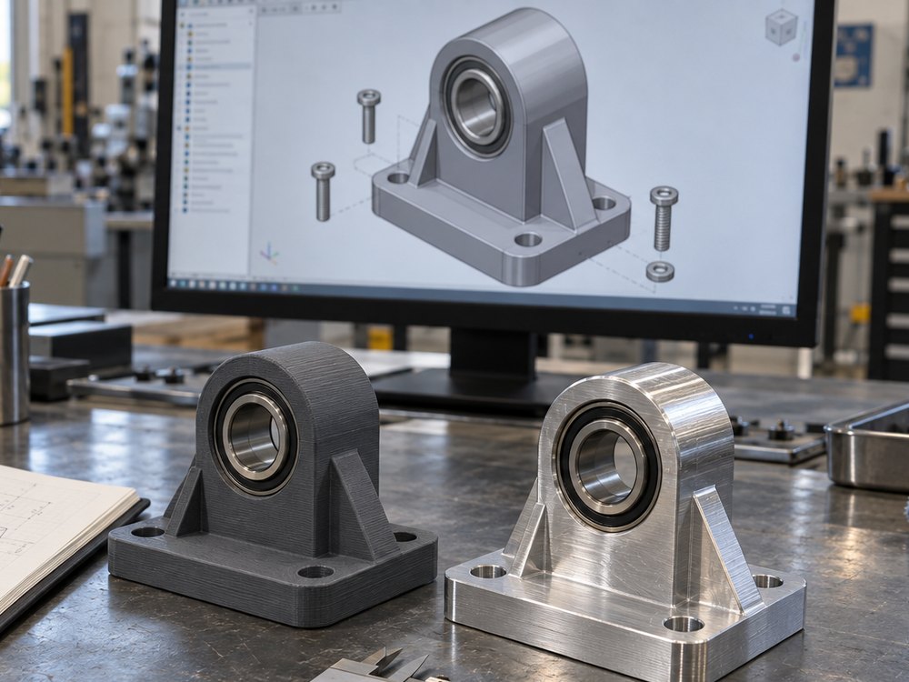 A printed prototype and a machined version of the same bearing housing beside its CAD model