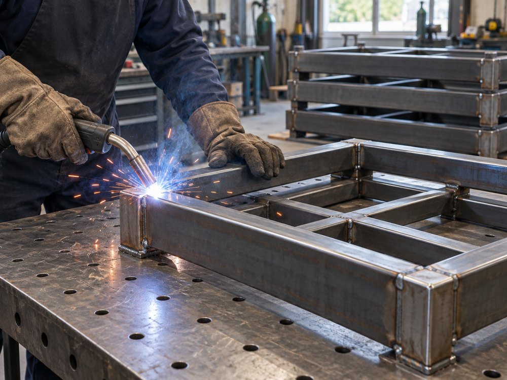 Welding a structural steel frame on a fabrication table